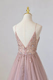 Ndyad Tulle Long A-Line Prom Dress, Pink Spaghetti Formal Dress with Beaded HZ1024