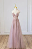 Ndyad Tulle Long A-Line Prom Dress, Pink Spaghetti Formal Dress with Beaded HZ1024