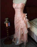 Ndyad Blush Pink Spaghetti Straps Sleeveless Chiffon Prom Dress Vintage Birthday Evening Dress HZ1024