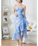 Ndyad Blush Pink Spaghetti Straps Sleeveless Chiffon Prom Dress Vintage Birthday Evening Dress HZ1024