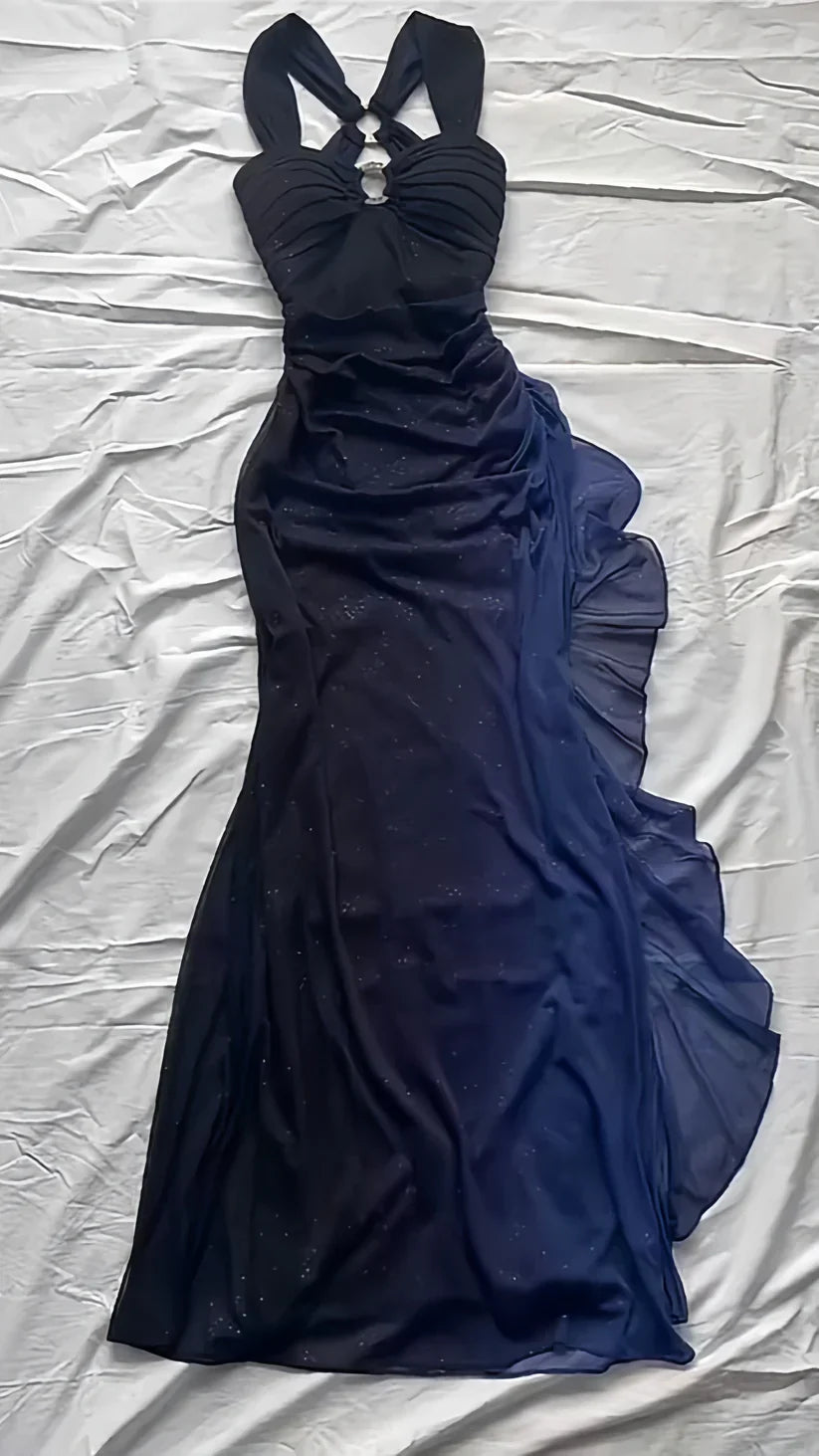 Ndyad dresses under $160||Elegant Gradient Navy Blue Sheath Spaghetti Straps Sparkling Chiffon Prom Dress for Party HZ1024