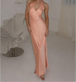 Ndyad V-neck Sheath Halter Satin Backless Long Prom Dress Pretty Evening Dress HZ1024