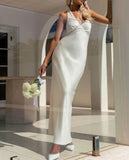 Ndyad V-neck Sheath Halter Satin Backless Long Prom Dress Pretty Evening Dress HZ1024