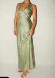 Ndyad V-neck Sheath Halter Satin Backless Long Prom Dress Pretty Evening Dress HZ1024