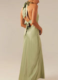 Ndyad V-neck Sheath Halter Satin Backless Long Prom Dress Pretty Evening Dress HZ1024