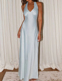 Ndyad V-neck Sheath Halter Satin Backless Long Prom Dress Pretty Evening Dress HZ1024