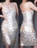 Ndyad Silver Sequin Spaghetti Strap Sheath Prom Dress Sexy Party Dress HZ1024