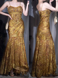 Ndyad Elegant Beaded Silk Mermaid Long Prom Dress Gorgeous Spaghetti Strap Evening Gown HZ1024