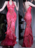 Ndyad Hot Pink Halter Mermaid Long Prom Dress Vintage Beaded Backless Evening Gown HZ1024