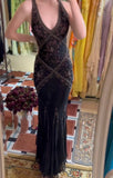 Ndyad Black Beaded Halter Neck Mermaid Chiffon Prom Dress for Party Enchanted Backless Sleeveless Evening Gown HZ1024