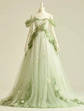 Ndyad Light Green A-Line Off Shoulder Neck Tulle Long Prom Dress Birthday Prom Dress HZ1024