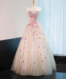 Ndyad Pink Beaded Flowers A-Line Strapless Long Prom Dress Gorgeous Formal Evening Dress HZ1024