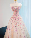 Ndyad Pink Beaded Flowers A-Line Strapless Long Prom Dress Gorgeous Formal Evening Dress HZ1024