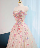 Ndyad Pink Beaded Flowers A-Line Strapless Long Prom Dress Gorgeous Formal Evening Dress HZ1024