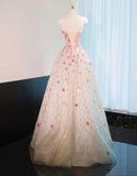 Ndyad Pink Beaded Flowers A-Line Strapless Long Prom Dress Gorgeous Formal Evening Dress HZ1024
