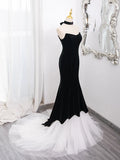 Evafashion Tulle Velvet Black Long Prom Dress, Mermaid Long Formal Dress HZ1024