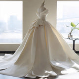 Evafashion Off Shoulder Satin Light Champagne Long Prom Dress, Light Champagne Formal Dress HZ1024