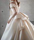 Evafashion Off Shoulder Satin Light Champagne Long Prom Dress, Light Champagne Formal Dress HZ1024