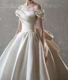 Evafashion Off Shoulder Satin Light Champagne Long Prom Dress, Light Champagne Formal Dress HZ1024