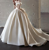 Evafashion Off Shoulder Satin Light Champagne Long Prom Dress, Light Champagne Formal Dress HZ1024