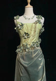 Ndyad Olive Green Spaghetti Straps Sheath Beaded Prom Dress Gorgeous 3D Flowers Formal Evening Dress HZ1024