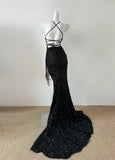 Ndyad Black Sequin Mermaid Spaghetti Strap Vling Long Prom Dress Backless Formal Evening Dress HZ1024