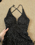 Ndyad Black Sequin Mermaid Spaghetti Strap Vling Long Prom Dress Backless Formal Evening Dress HZ1024
