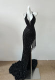 Ndyad Black Sequin Mermaid Spaghetti Strap Vling Long Prom Dress Backless Formal Evening Dress HZ1024