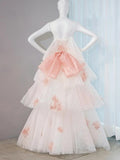Ndyad Pastel Layered A-Line Strapless Tulle Long Prom Dress Cute Applique Birthday Evening Dress HZ1024