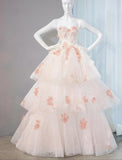 Ndyad Pastel Layered A-Line Strapless Tulle Long Prom Dress Cute Applique Birthday Evening Dress HZ1024
