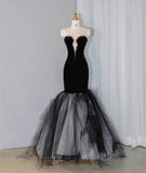 Ndyad Black Velvet Mermaid Strapless Beaded Long Prom Dress Tulle Formal Evening Dress HZ1024