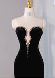 Ndyad Black Velvet Mermaid Strapless Beaded Long Prom Dress Tulle Formal Evening Dress HZ1024