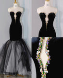 Ndyad Black Velvet Mermaid Strapless Beaded Long Prom Dress Tulle Formal Evening Dress HZ1024