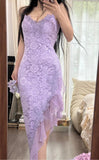 Ndyad Purple Sheath Spaghetti Strap Chiffon Applique Prom Dress Gorgeous Party Dress HZ1024
