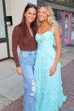 Ndyad Blue Sweetheart A-Line Prom Dress & Wedding Dress??- Elegant Chiffon Ruffled Birthday Party Dress HZ1024