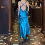 Ndyad Royal Blue Backless Satin Prom Dress - Backless Sexy Empire Dress - Glitter Beaded Evening Dress for Quinceanera&Birthday HZ1024