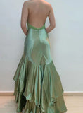 Ndyad Green V-Neck Beaded Satin Mermaid Backless Evening Gown HZ1024