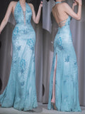 Ndyad Blue V-neck Chiffon Mermaid Gown - Glitter Beading & Sequined Backless Evening Dress HZ1024