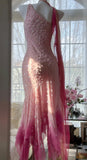 Ndyad Cinderella Pink A-Line Evening Gown - Iridescent Beaded Tulle with Soft Chiffon Layers for Sweet 16 HZ1024