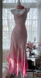 Ndyad Cinderella Pink A-Line Evening Gown - Iridescent Beaded Tulle with Soft Chiffon Layers for Sweet 16 HZ1024