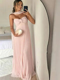 Evafashion A Line Pink Long Prom Dress Pleated Formal Party HZ1024