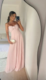 Evafashion A Line Pink Long Prom Dress Pleated Formal Party HZ1024