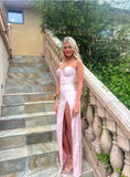 Ndyad Sweetheart Straps Sheath Satin Long Prom Dress Simple Evening Party Dress Formal Dress With Slit HZ1024