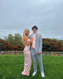 Ndyad Sweetheart Straps Sheath Satin Long Prom Dress Simple Evening Party Dress Formal Dress With Slit HZ1024