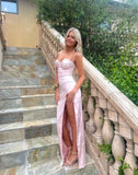 Ndyad Sweetheart Straps Sheath Satin Long Prom Dress Simple Evening Party Dress Formal Dress With Slit HZ1024