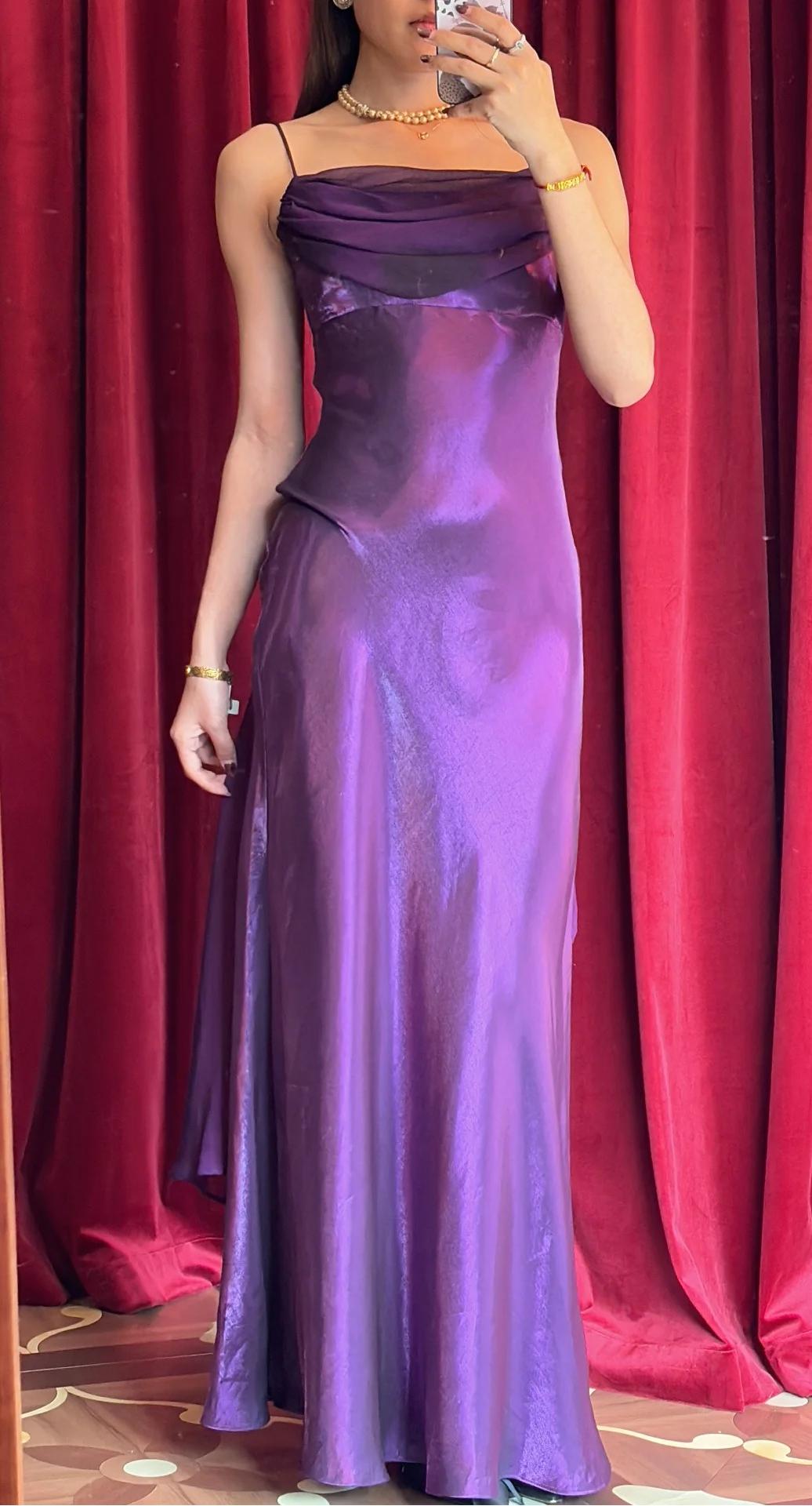 Ndyad Purple Satin Prom Dress Vintage Glam Evening Gown with Chiffon Ribbon HZ1024