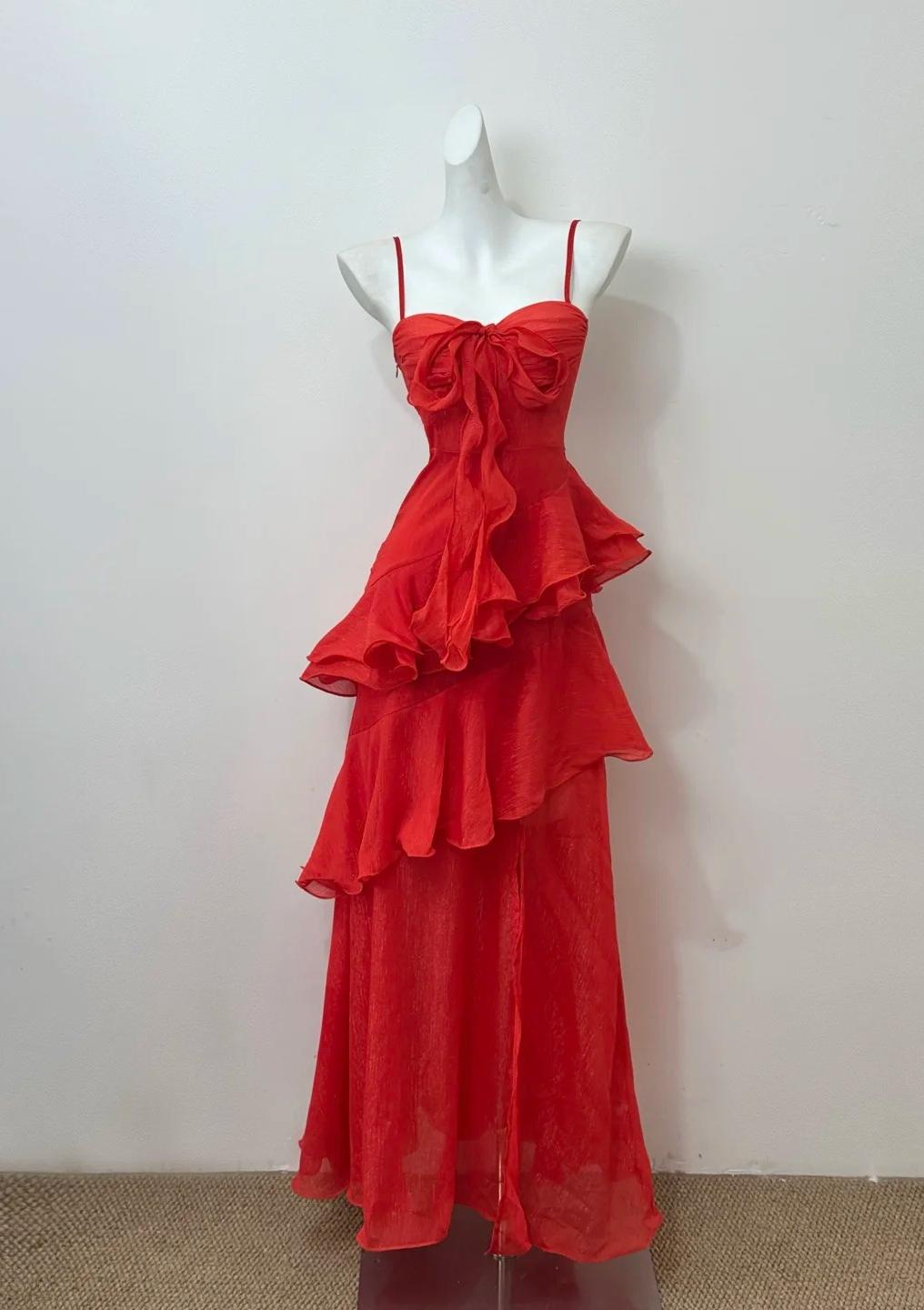Ndyad Red A-line Spaghetti Straps Layed Chiffon Prom Dress for Birthday Sweet Evening Gown HZ1024