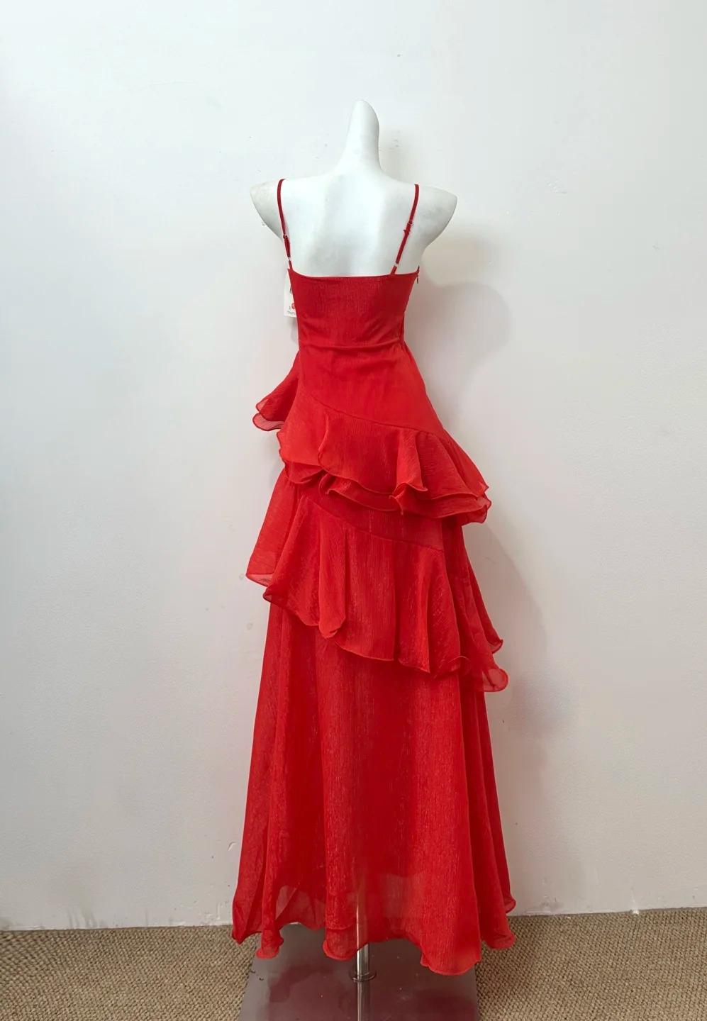 Ndyad Red A-line Spaghetti Straps Layed Chiffon Prom Dress for Birthday Sweet Evening Gown HZ1024