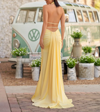 Ndyad Deep V Neck Yellow Satin Backless Long Prom Dresses with Slit HZ1024