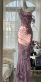 Ndyad Light Purple One Shoulder Bodycon Beading Chiffon Prom Dress Vintage Glitter Evening Gown HZ1024